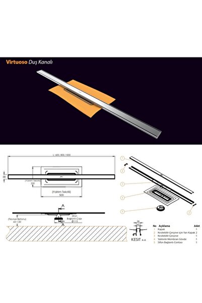 Hüppe Vırtuoso Membran Yalıtımlı 60cm Paslanmaz Duş Kanalı Yandan Çıkışlı Sifonu