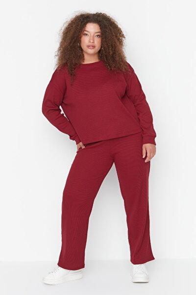 Trendyol Curve Plus Size Pajama Set - Burgundy - Plain