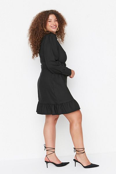 Trendyol Curve Frilly Black Woven Dress - Stand Collar TBBAW23AH00038
