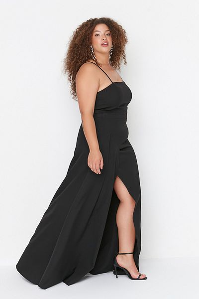 Trendyol Curve Black Slim Adjustable Straps Slit Evening Dress - Evening/Graduation/Engagement Dress TBBSS22AD00001