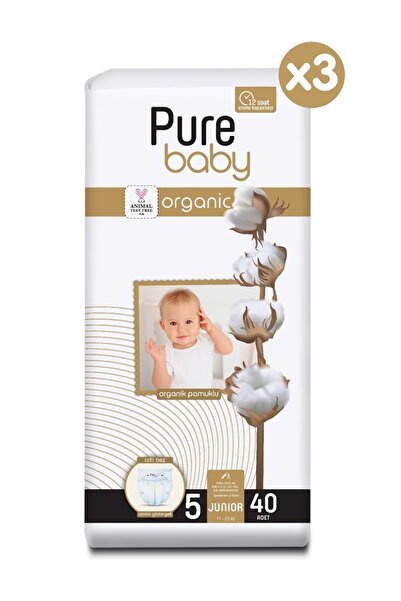 Pure Baby Organik Pamuklu Cırtlı Bez 3'Lü Paket 5 Numara Junior 120 Adet