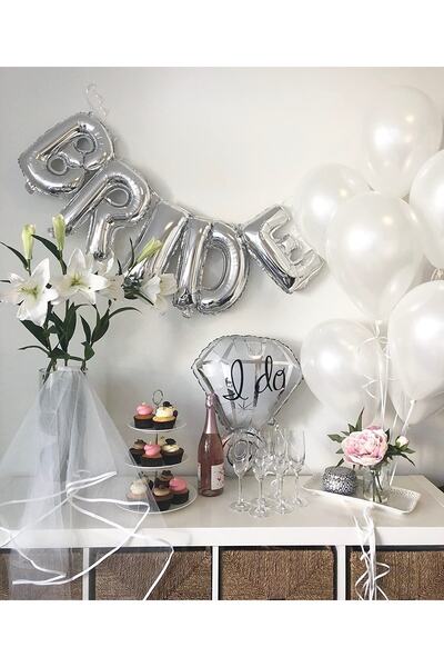Huzur Party Store Bride Yazılı Folyo Balon Konsept Gümüş Renkli Gri Bekarlığa...