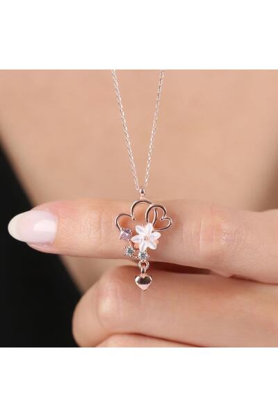 Mia Vento Manolya Çiçeği Kalp Düğümü Rose Renk Flowers Gümüş Kolye