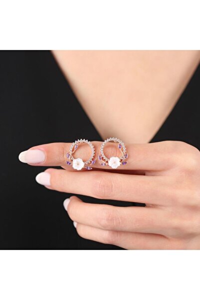 Mia Vento Pırlanta Montür Ametist Taşlı Manolya Çiçeği Tacı Rose Renk Flowers Gümüş Küpe