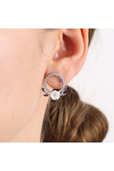 Mia Vento Pırlanta Montür Ametist Taşlı Manolya Çiçeği Tacı Flowers Gümüş Küpe