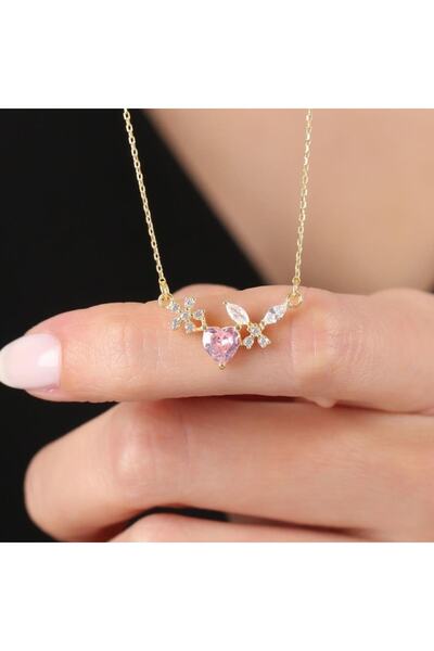 Mia Vento Işıltılı Kelebek Kalbi Gold Renk Flowers Gümüş Kolye