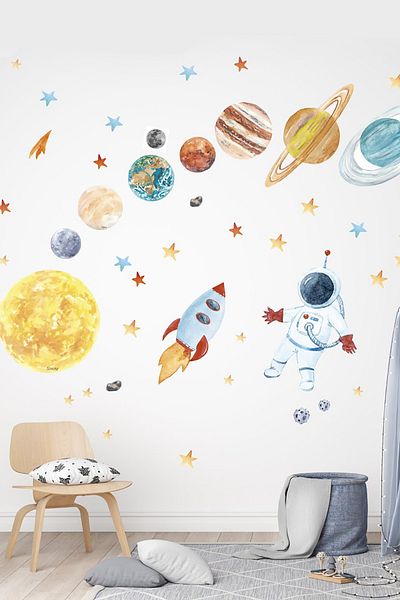 TUGİBU Αυτοκόλλητο τοίχου για παιδικό δωμάτιο Astronaut And Planets