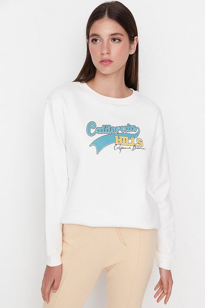 Trendyol Collection Ecru Potištěná mikina Boyfriend Silný fleece uvnitř TWOAW23SW00199