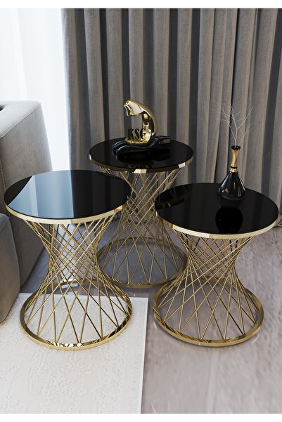 KASGER Siyah Cam Hasır Kum Saati Zigon Sehpa Takımı