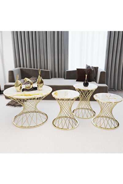 KASGER Sarı Mermer Desenli Cam Hasır Kum Saati Zigon Sehpa Takımı