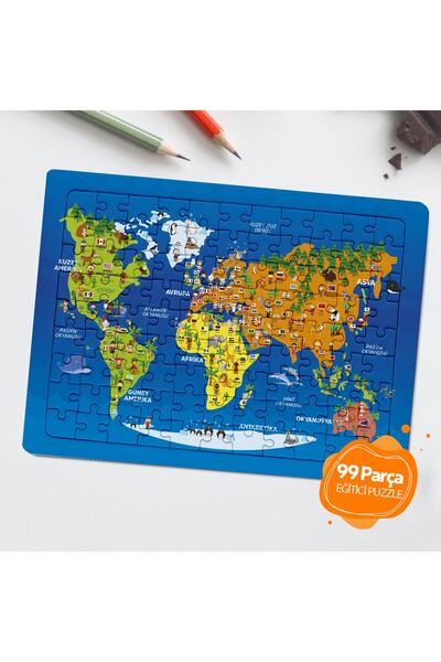 yapistirrco Puzzle – Dünya Haritası, Hayvanlar Ve Ülke Bayrakları 99 Parça