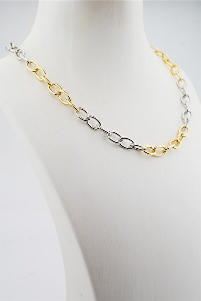 By Zeyna Aksesuar قلادة نسائية محبوكة باللونين الفضي والذهبي مقاس 40 سم