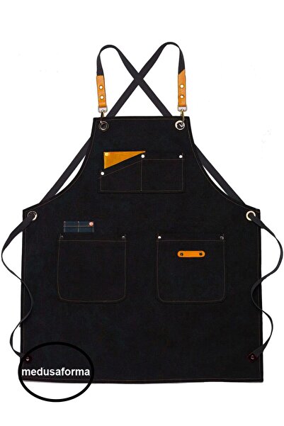 medusaforma Çapraz Askılı Deri Cepli Barista Önlük Cafe Master Chef Garson Şe...