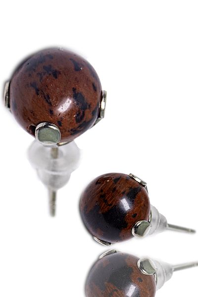 Tesbih Atölyesi Certified Natural Brown Obsidian Stone Dot Natural Stone Earrings