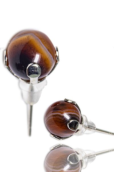 Tesbih Atölyesi Certified Natural Brown Veined Agate Stone Dot Natural Stone Earrings