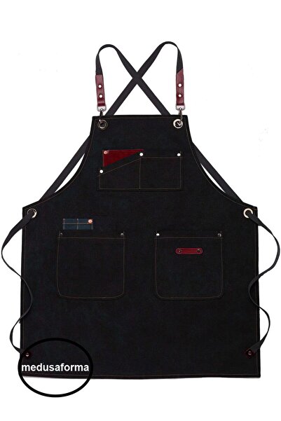medusaforma Çapraz Askılı Deri Cepli Barista Önlük Cafe Master Chef Garson Şe...