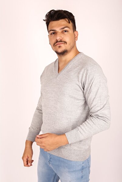 MODA Pulover tricotat gri deschis pentru bărbați, cu decolteu în V