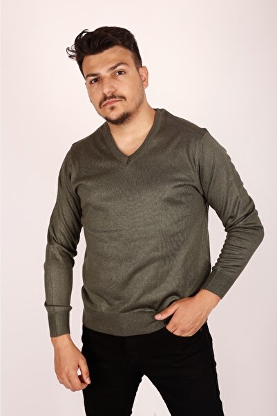 MODA Pulover tricotat pentru bărbați, verde kaki, cu decolteu în V