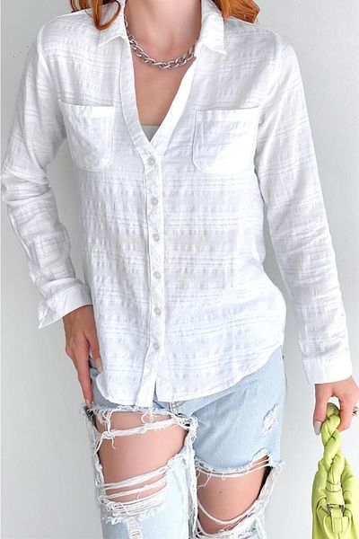 FEMELLE Cămașă de bază din bumbac, albă, cu două buzunar, pentru femei (mucegai slim fit)