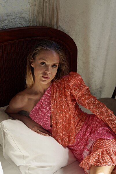 Gira official Pembe Turuncu Payetli Renk Bloklu Tek Omuz Elbise