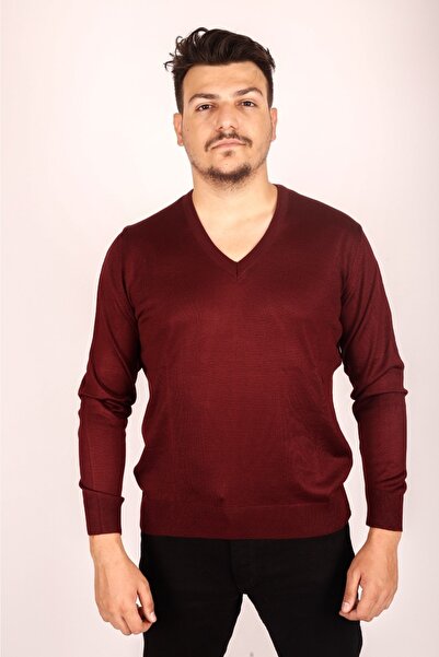 MODA Tricotaje tricotate pentru bărbați, pulover roșu Claret cu decolteu în V