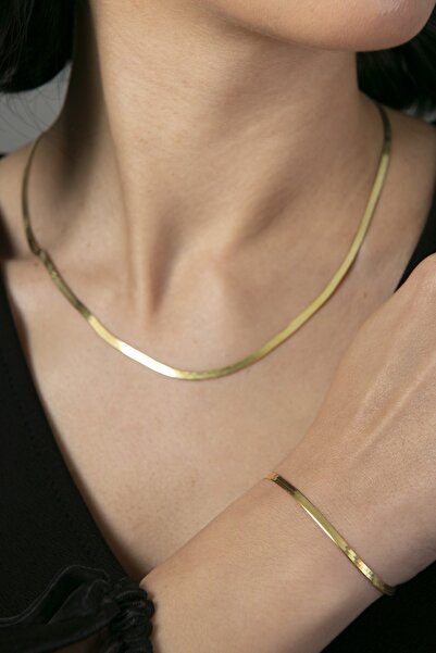 Elika Silver Kadın Italyan Yassı Zincir Kolye Bileklik 925 Ayar Gümüş Set