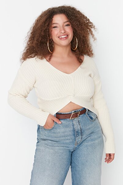 Trendyol Curve Steinfarbener Strickpullover mit Knotendetails an der Taille TBBAW23AN00082