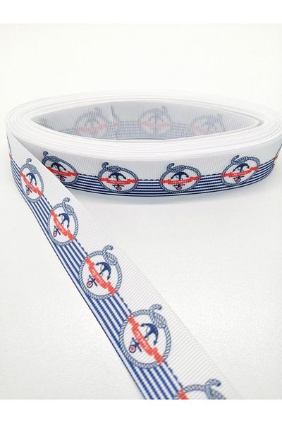 Bride Aksesuar Dünyası Panglică Grosgrain cu Motiv Ancoră Albastru Alb 2,5 Cm 2 M – Panglică – Panglică