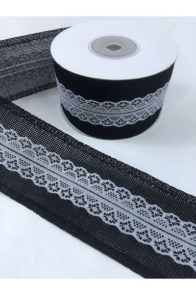 Bride Aksesuar Dünyası Μαύρη φαρδιά λινή κορδέλα με δαντέλα στη μέση 5 μέτρα – Κορδέλα – Κορδέλα