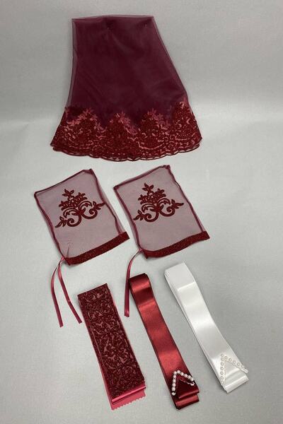Bride Aksesuar Dünyası Set șal cu sclipici burgundy cu model cu voal de mirea...