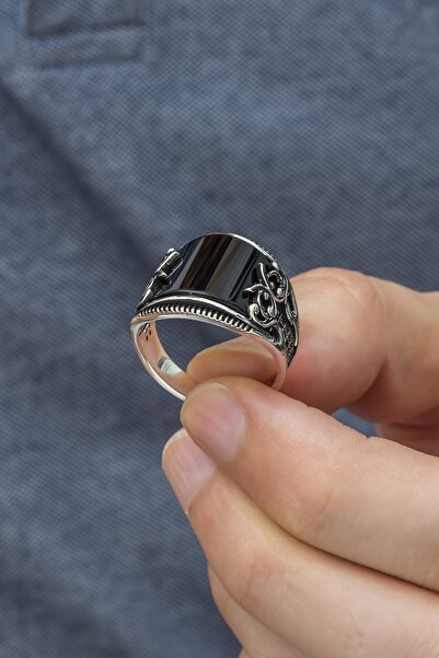 ALYANSEVİM Karpuz Kesim Siyah Taşlı 925 Gümüş Erkek Yüzük