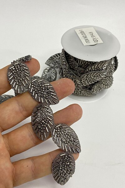 Bride Aksesuar Dünyası Antrasit Gri Yaprak Desenli Ütüyle Yapışan Şerit Taşlı...