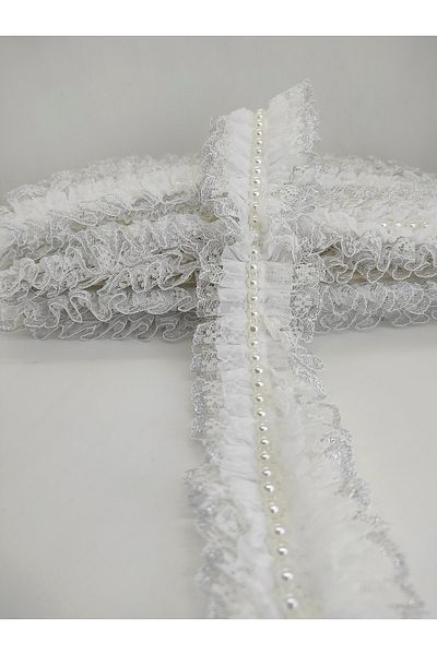 Bride Aksesuar Dünyası Panglică cu volan cu perle din dantelă albă – Panglică – Panglică
