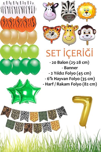 Patladı Gitti Safari Concept 7 Years Birthday Party Celebration Set; Number & Star Foil, Banner & Balloon Chain