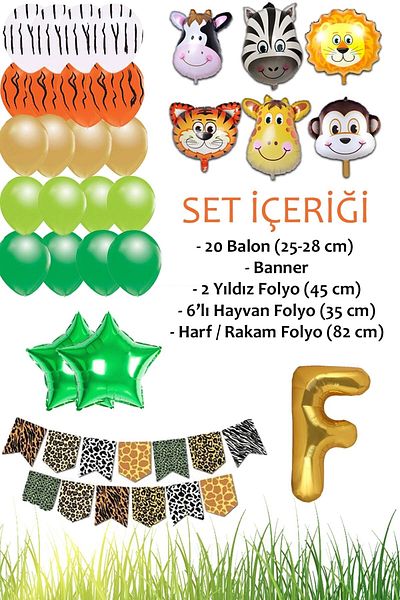 Patladı Gitti Safari Concept F Letter Birthday Set - Letter and Star Foil, Banner and Balloon Chain