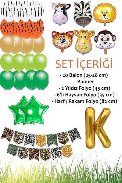 Patladı Gitti Safari Concept - Birthday Party Celebration Set with Letters; Letter and Star Foil, Banner and Balloon Chain