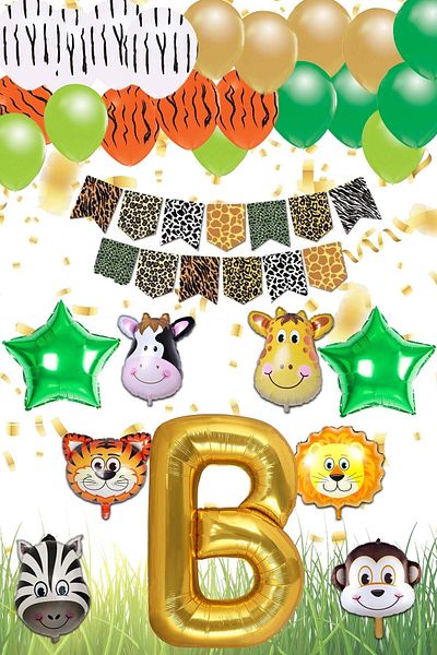 Patladı Gitti Safari Concept B Letter Birthday Party Celebration Set; Letter and Star Foil, Banner and Balloon Chain