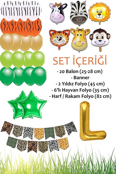 Patladı Gitti Safari Concept Letter L Birthday Celebration Set - Letter and Star Foil, Banner and Balloon Chain