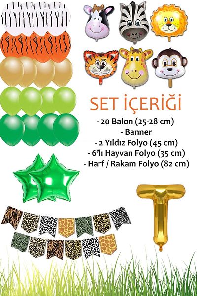 Patladı Gitti Safari Concept Letter t Birthday Set - Letter and Star Foil, Banner and Balloon Chain