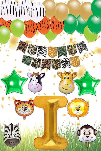 Patladı Gitti Safari Concept I Letter Birthday Party Celebration Set; Letter and Star Foil, Banner and Balloon Chain