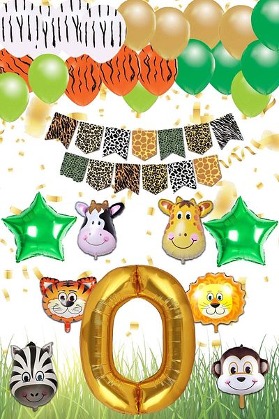 Patladı Gitti Safari Concept O Letter Birthday Party Celebration Set; Letter and Star Foil, Banner and Balloon Chain