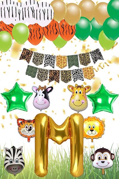 Patladı Gitti Safari Concept - Birthday Party Celebration Set with Letter M; Letter and Star Foil, Banner and Balloon Chain