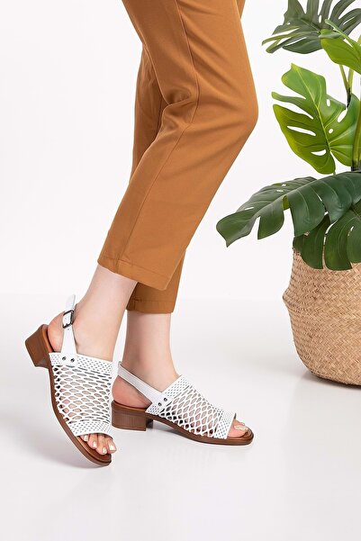 Gondol Kadın Hakiki Deri Lazer Kesim Topuklu Sandalet Iz.6001 - Beyaz - 36