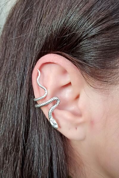 Fildişi Aksesuar Antik Gümüş Kaplama Yılan Şekilli El Yapımı Tek Adet Kıkırdak Küpe