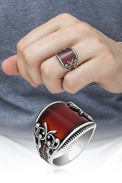 ALYANSEVİM Karpuz Kesim Kırmızı Taşlı 925 Gümüş Erkek Yüzük