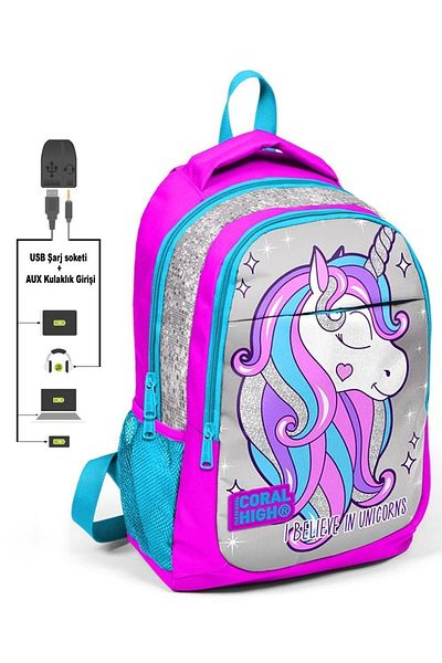 Yaygan Coral High Girl's Unicorn Primary School Set - Bag and Pen Holder with USB Output