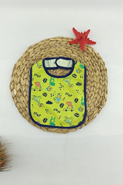 dubi baby Sarı Dino Desen Sıvı Geçirmez Arkası Alezli Bebek Mama Önlüğü 6-18 Ay