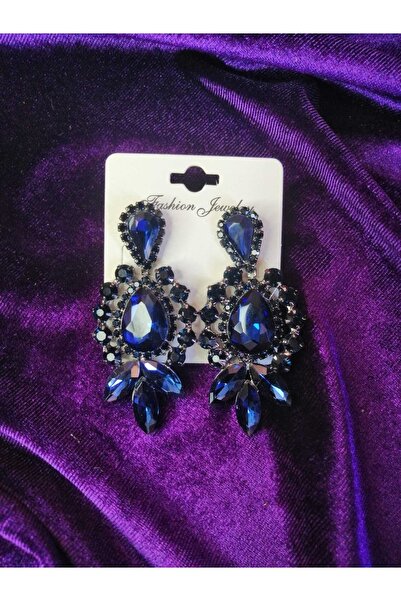 YAĞIZ BİJUTERİ Kristal Taşlı Lacivert Kına Düğün Gelin Küpesi