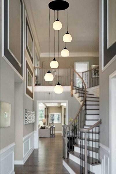 BSA LIGHTING Akasya 6'lı Siyah Sarkıt Avize ( Beyaz Camlı )