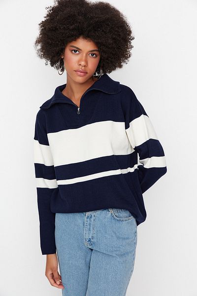 Trendyol Collection Széles szabású sötétkék kötöttáru pulóver - cipzárral, TWOAW23KZ00333